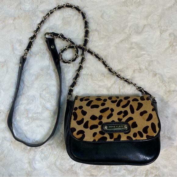 Anne Klein Horsehair Leopard Print Mini Crossbody Bag Purse Gold Accents 8”x5” - Picture 1 of 16